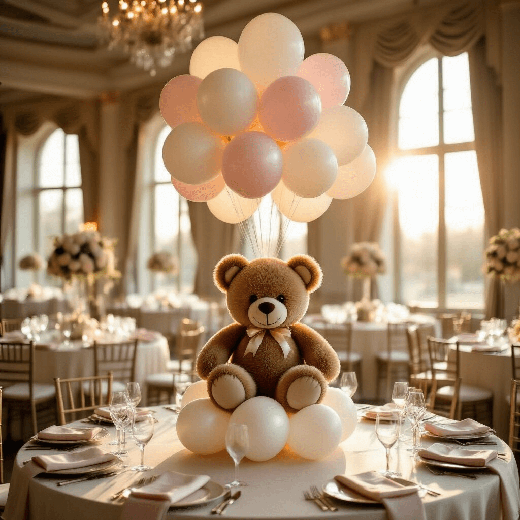 Elegant indoor ballroom during golden hour with a DIY floating teddy bear balloon display as the centerpiece, featuring a plush teddy bear surrounded by white latex balloons, pastel pink and cream accents, silk table linens, delicate glassware, and floral decor, all bathed in soft natural light.