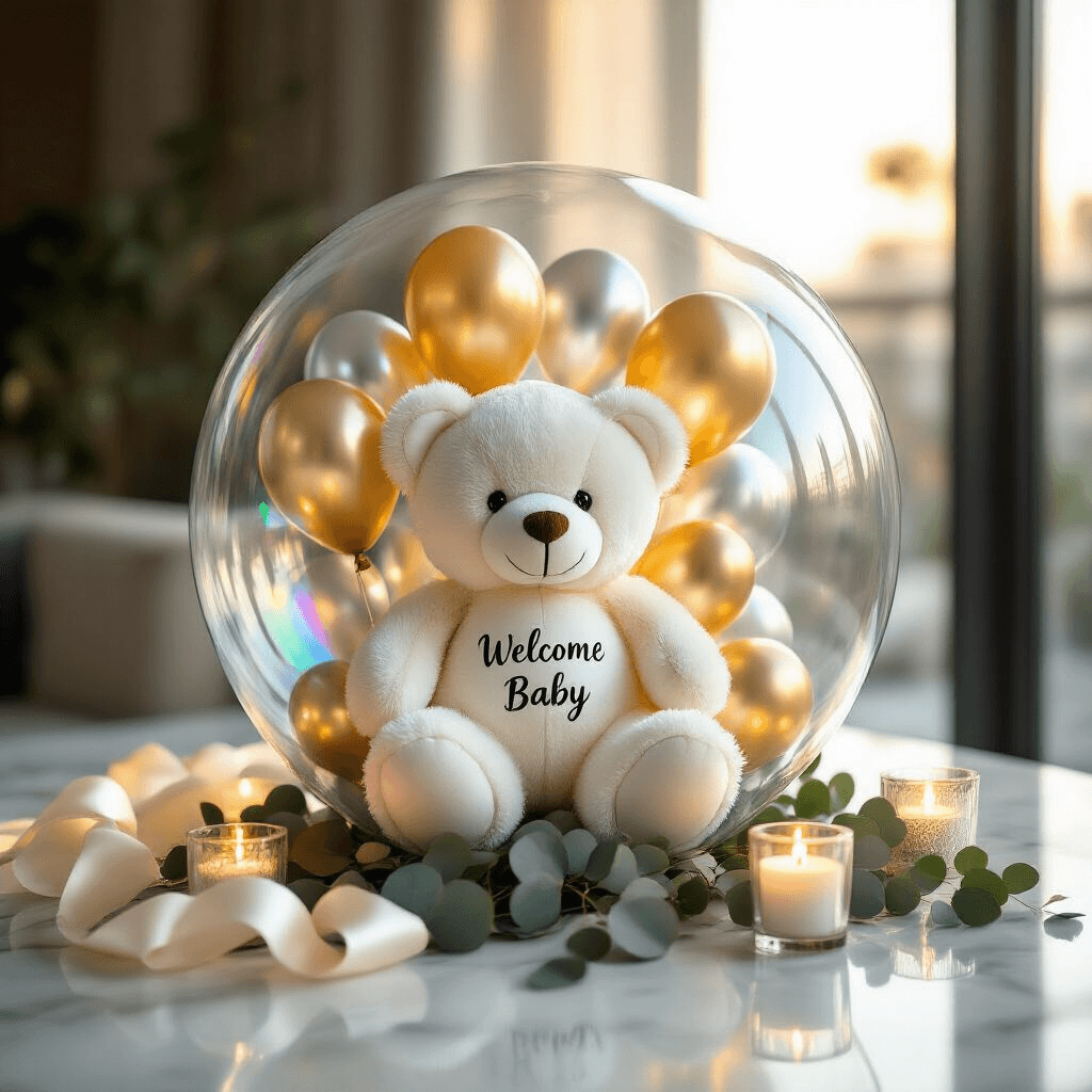 Close-up of a luxurious bubble balloon gift arrangement featuring a white plush teddy bear and miniature gold and silver balloons with the text 'Welcome Baby' on a marble countertop, accented by silk ribbons, eucalyptus leaves, and glass votive candles, illuminated by soft morning light.