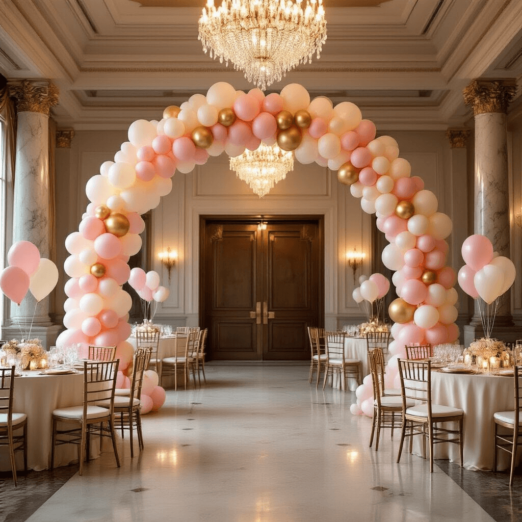 Cinematic wide-angle shot of an elegant indoor ballroom featuring a stunning blush pink, cream, and gold balloon arch entrance, round tables with silk ivory linens, and layered balloon centerpieces, illuminated by warm light from crystal chandeliers and golden hour sunlight streaming through tall windows.