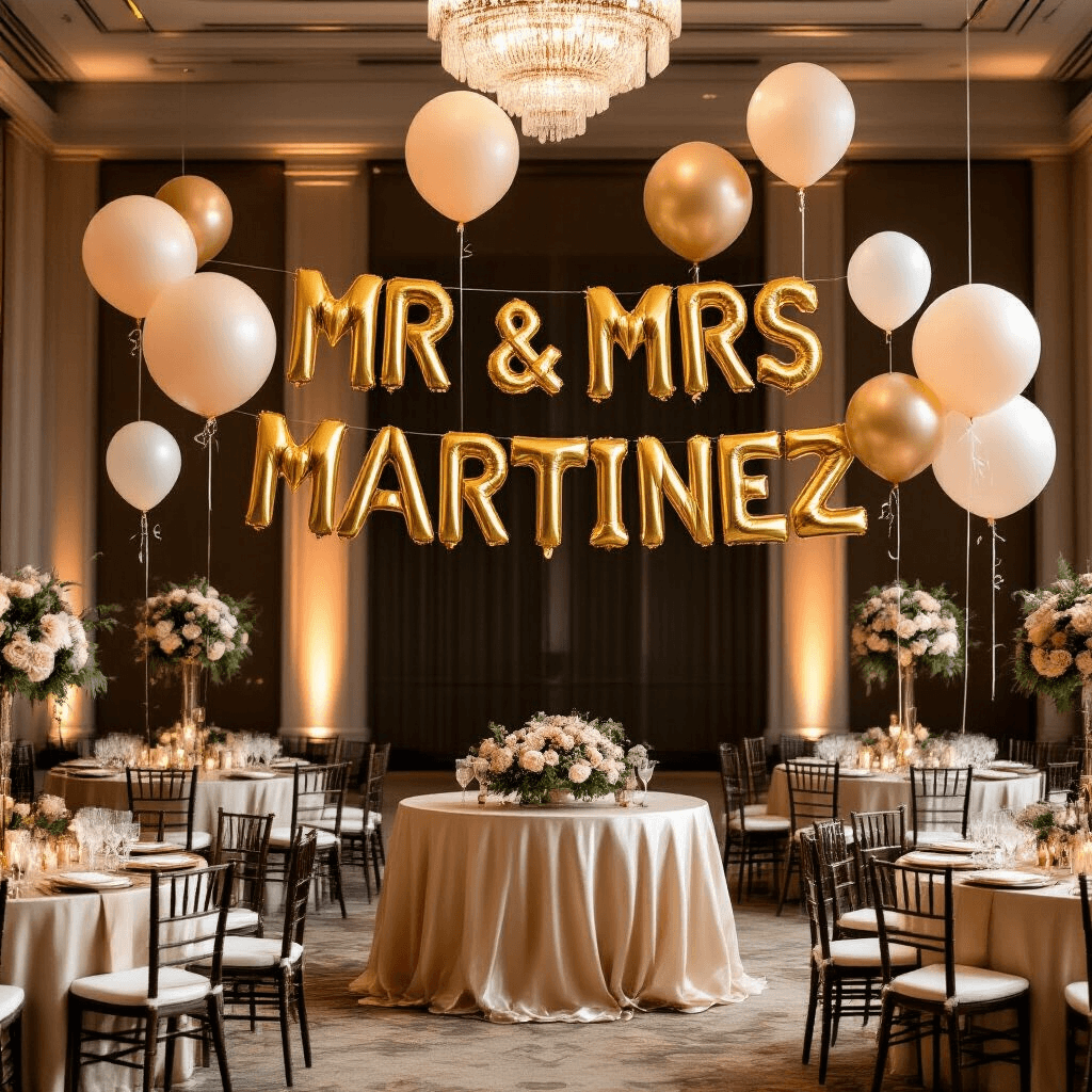 An elegant hotel ballroom reception featuring floating balloon clusters, large gold letter balloons spelling 'MR & MRS MARTINEZ' above a sweetheart table, round guest tables with floral centerpieces, warm uplighting, crystal chandeliers, and a luxurious decor of gold charger plates and ivory napkins.