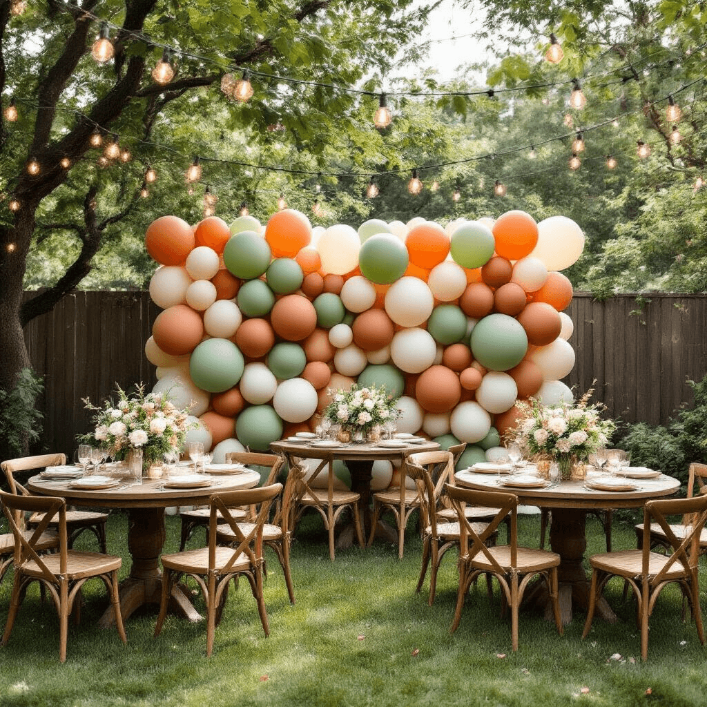 Intimate backyard garden party setup featuring a sage green, terracotta, and cream balloon wall backdrop, round wooden tables with balloon centerpieces and white florals, intertwined fairy lights, and dappled sunlight filtering through trees.