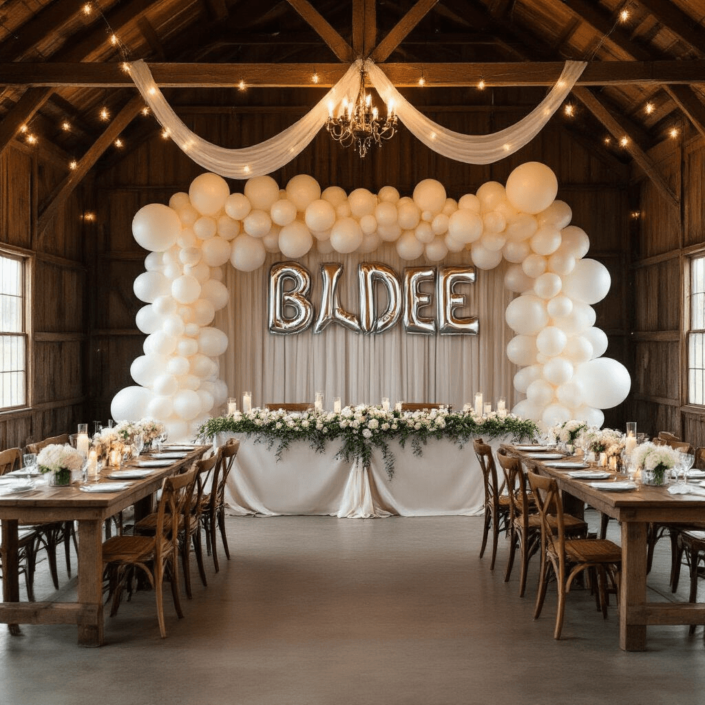 A rustic barn wedding reception with a stunning balloon backdrop featuring wedding ring and letter balloons, family-style wooden tables with ivory linen runners, low white hydrangea arrangements, hanging mason jars filled with fairy lights, and candlelit ambiance, creating a whimsical yet elegant atmosphere.