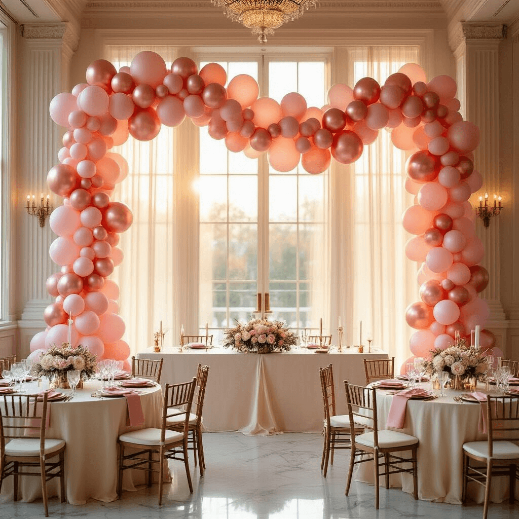 Elegant indoor ballroom adorned with a pink balloon garland, cream silk tables, and romantic lighting during golden hour.