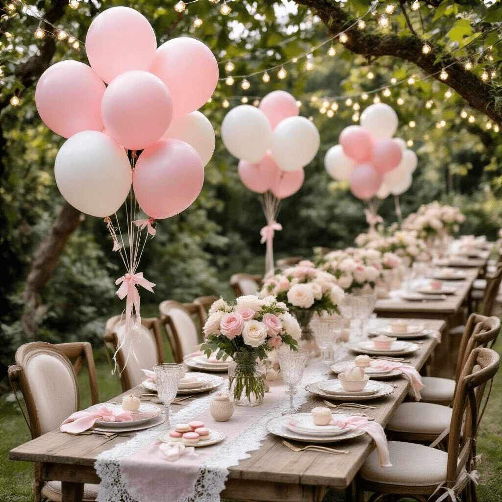 Overhead shot of a whimsical coquette-themed garden party setup featuring pink balloon clusters, low wooden tables with vintage lace runners, rustic wooden chairs with cream velvet cushions, and tables set with delicate bone china and crystal glassware, all illuminated by fairy lights overhead.