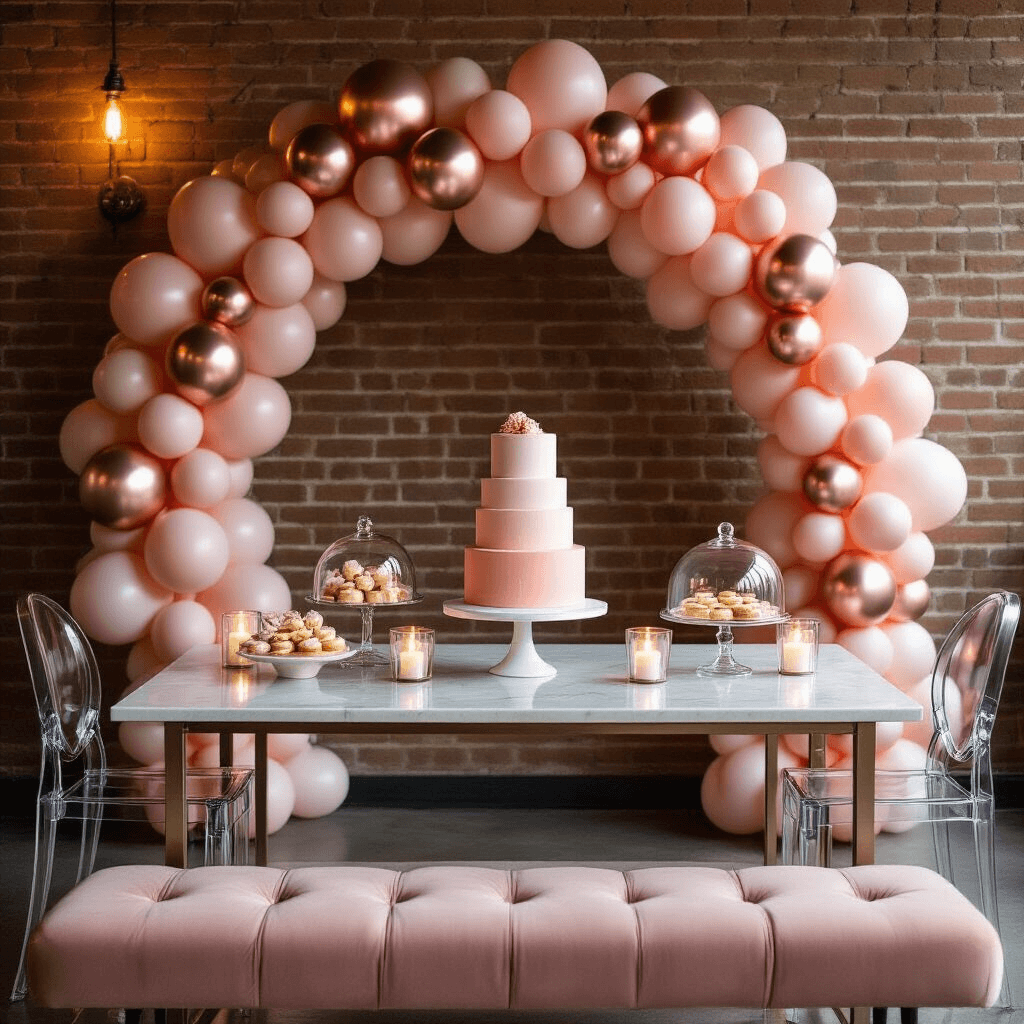 Close-up of a modern apartment living room decorated for a millennial celebration, featuring a balloon arch with matte blush pink and rose gold balloons, a marble-topped dessert table with a pink ombré cake and pastries, soft uplighting on exposed brick walls, and contemporary seating.