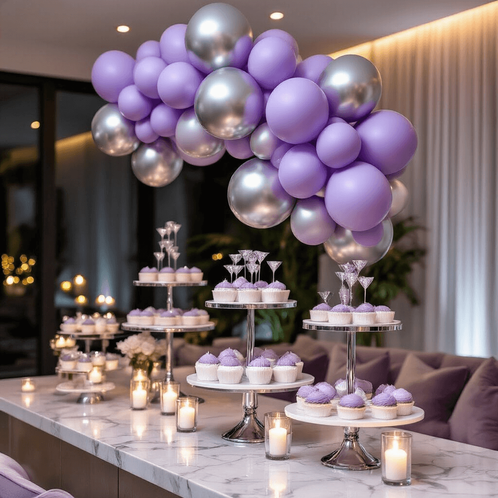 Close-up detail of a sophisticated dessert table in a modern apartment, featuring a cascading lavender and silver chrome balloon garland, elegant desserts on crystal cake stands, and soft candlelit ambiance creating an intimate atmosphere.