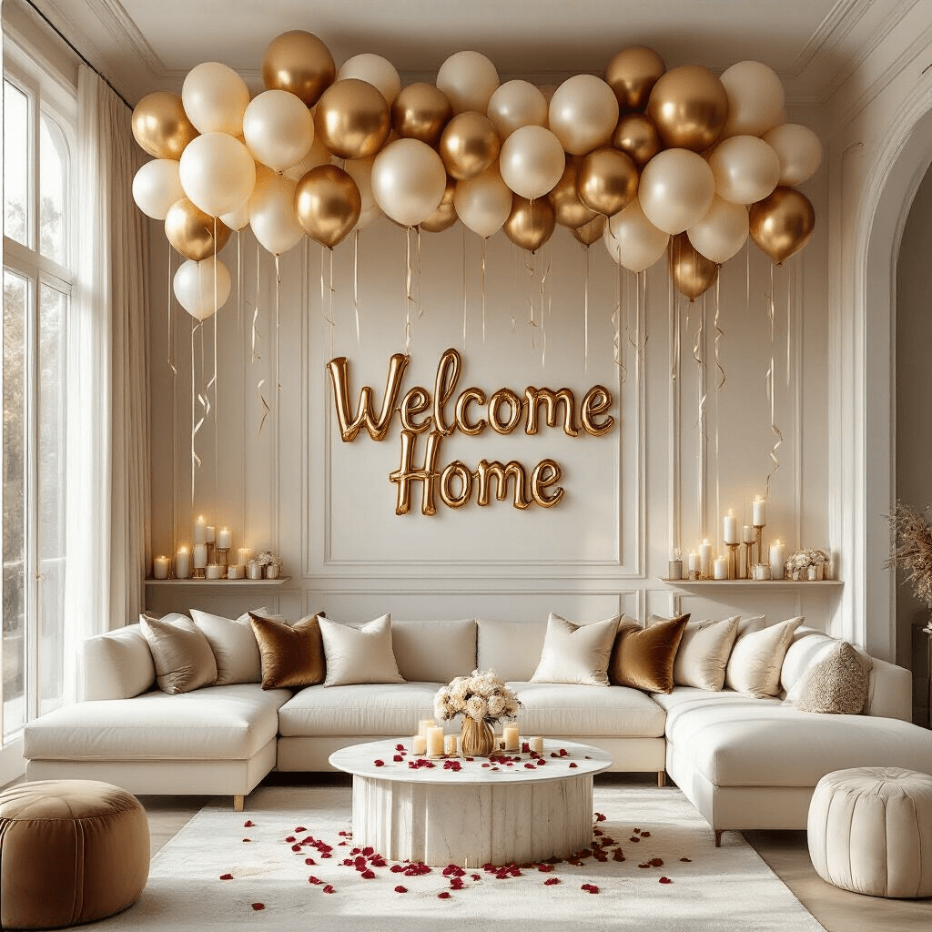 A modern living room adorned for a welcome home celebration, featuring metallic gold and cream balloons, soft sunlight streaming through large windows, a 'Welcome Home' banner above a cream sectional sofa, and decorative elements like velvet pillows, a marble coffee table with rose petals, and ambient candles, all in a warm color palette.