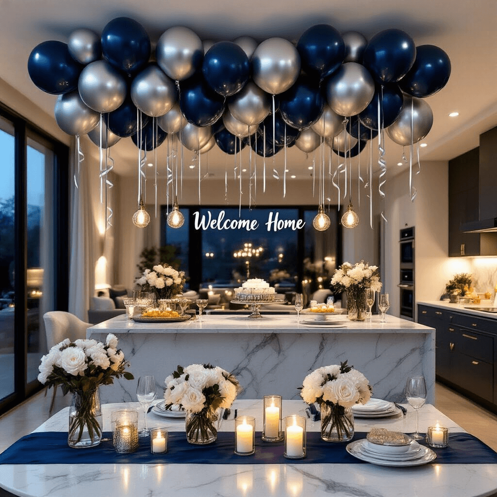 A wide shot of a professionally decorated modern apartment featuring navy blue and silver metallic balloons, elegant ribbon work, a welcome home banner above a marble kitchen island with refreshments, warm candlelight, and fresh white florals, all set in a sophisticated evening ambiance.