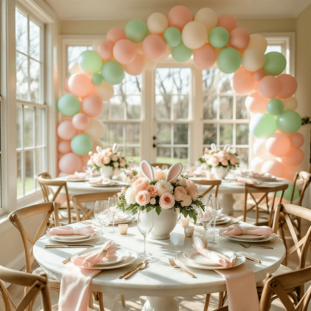 A bright sunroom transformed for Easter brunch, featuring round marble tables with pastel balloon garlands, silk runners, elegant place settings, and flower arrangements, all under soft morning light.
