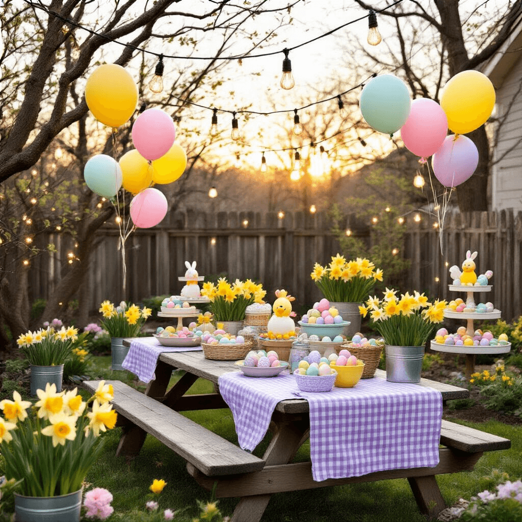 A cozy backyard garden setting at golden hour, showcasing an intimate Easter egg hunt preparation with vintage-inspired picnic tables, whimsical balloon clusters, twinkling string lights, colorful egg displays, and charming floral centerpieces, all set in a warm terracotta and sage color palette.