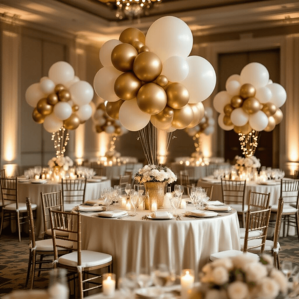 Elegant indoor ballroom decorated for an upscale Easter celebration, featuring luxurious ivory silk table linens, dramatic gold foil and champagne balloon centerpieces, candlelit hurricane lanterns, fairy lights, and sophisticated gold and ivory color palette. Rich textures and fine details enhance the festive atmosphere.