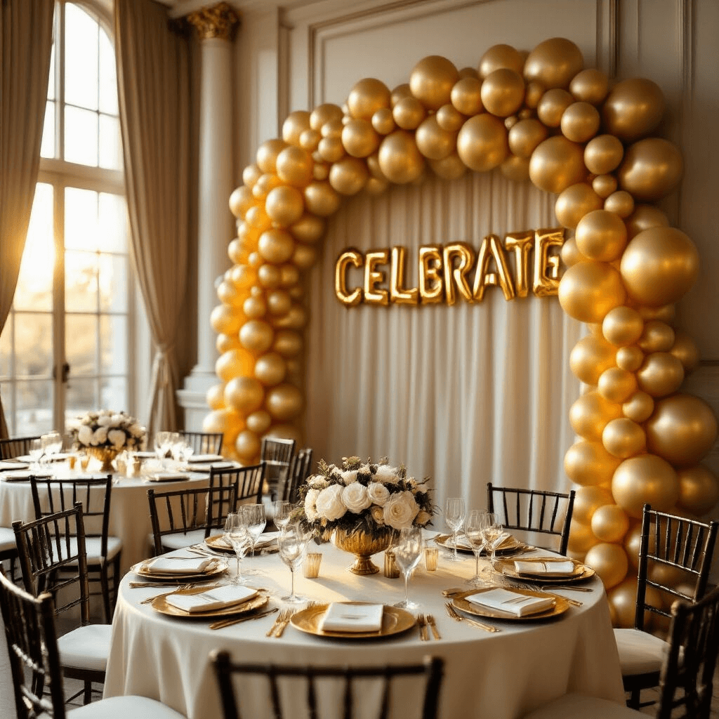 Elegant indoor ballroom during golden hour with a gold balloon garland, beautifully set dining table, ivory silk linens, gold charger plates, and crystal glassware, illuminated by warm sunlight through tall windows, framed by marble columns and adorned with floral accents.