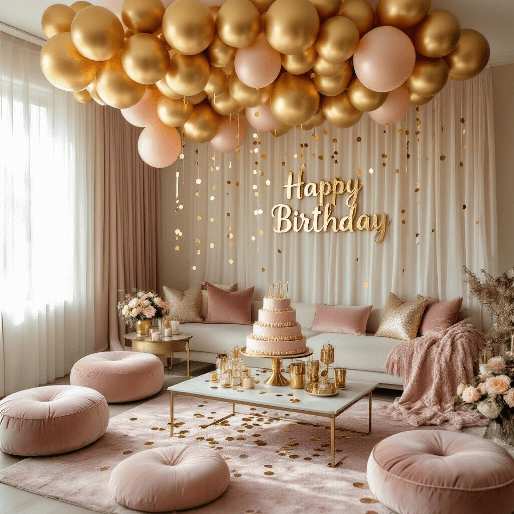 Overhead view of a stylish apartment living room decorated for celebration with gold balloon clusters, a blush pink coffee table setup, a tiered birthday cake, and soft morning light illuminating the warm color palette.
