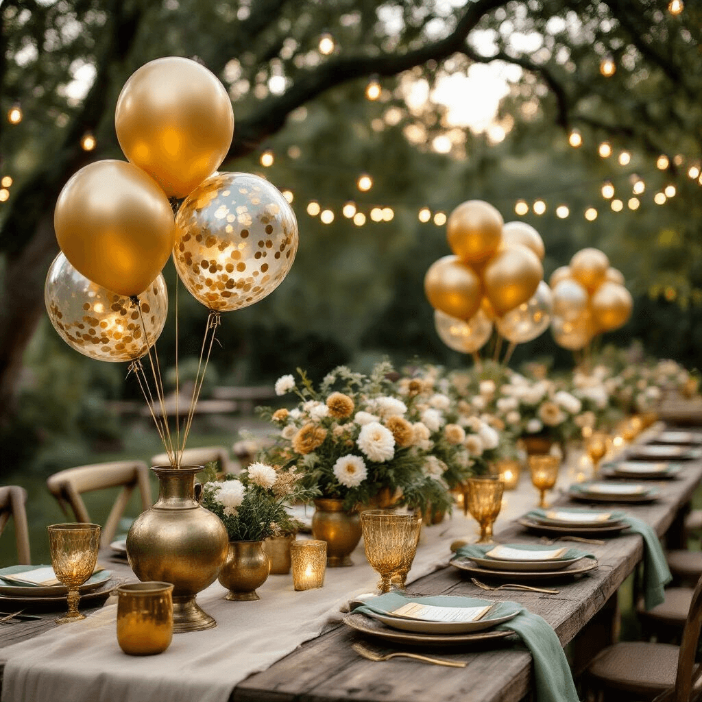 Close-up detail of a rustic garden party setup featuring a wooden farm table with gold balloon centerpieces in brass vessels, organic balloon clusters, terracotta and sage green linens, fresh cream and gold florals, ceramic place settings, amber glassware, string lights, and draped gold balloon chains amidst a serene evening ambiance.