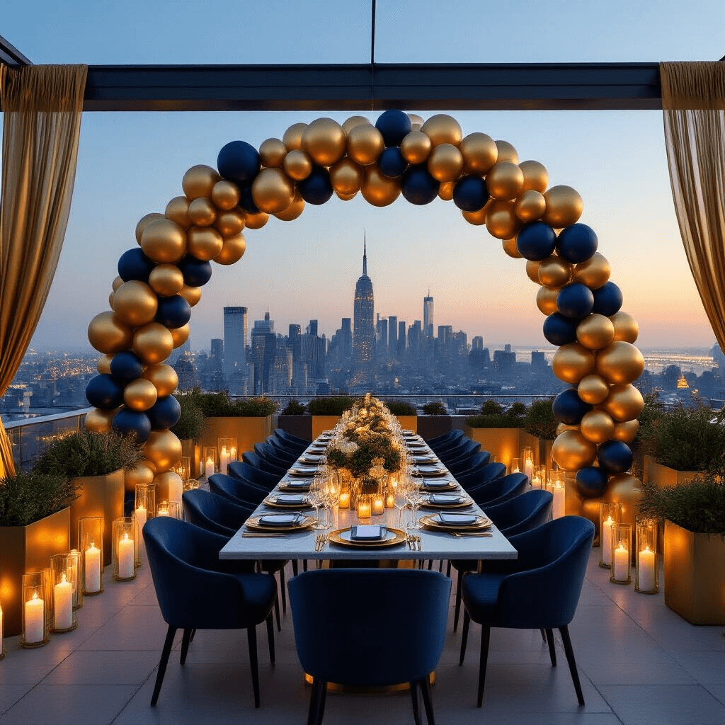 Cinematic rooftop terrace at dusk adorned with a gold balloon arch, featuring modern navy blue and gold furniture, candlelit dining setup, and lush greenery, all enhancing an upscale urban elegance.