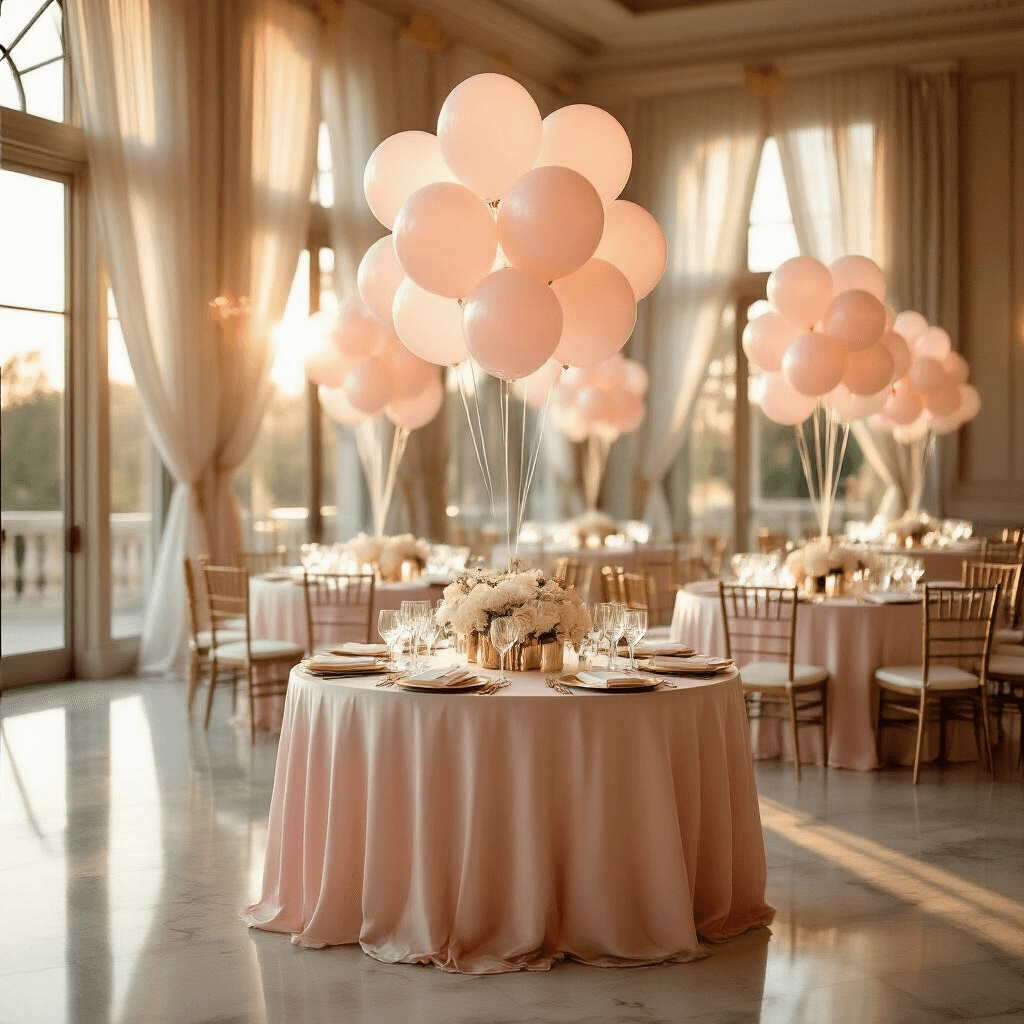 Elegant indoor ballroom reception during golden hour, featuring blush pink silk table linens, floating photo balloons anchored by crystal weights, and sunlight streaming through tall windows. Centerpieces of helium-filled clear balloons with engagement photos float above ivory place settings and gold-rimmed glassware, complemented by white orchid arrangements. The scene includes tiered gift tables with balloon garlands and guests in formal attire, creating a dreamy, luxurious atmosphere.