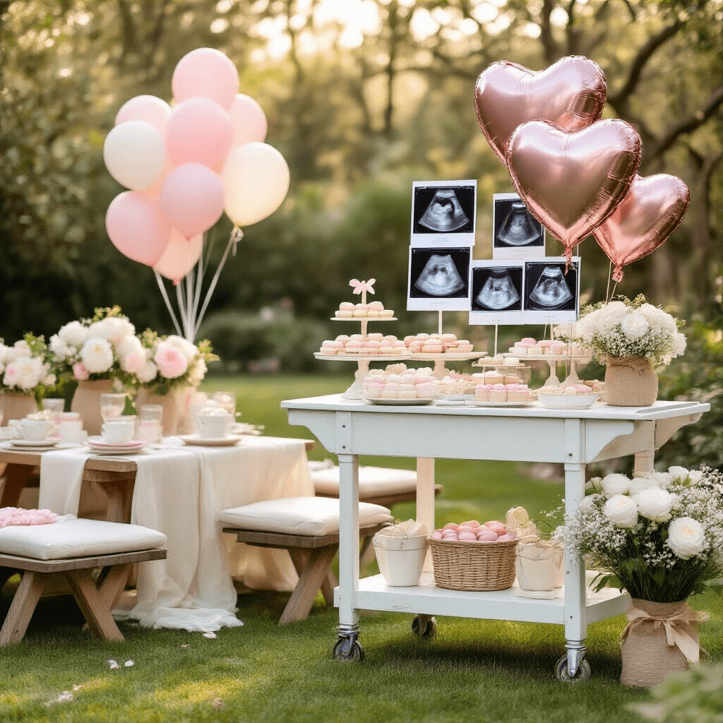 Close-up of a whimsical outdoor garden baby shower featuring a vintage dessert cart with heart-shaped foil balloons and ultrasound photos, surrounded by pastel balloon clusters, fresh floral arrangements, picnic-style seating, and delicately arranged desserts in soft morning light.