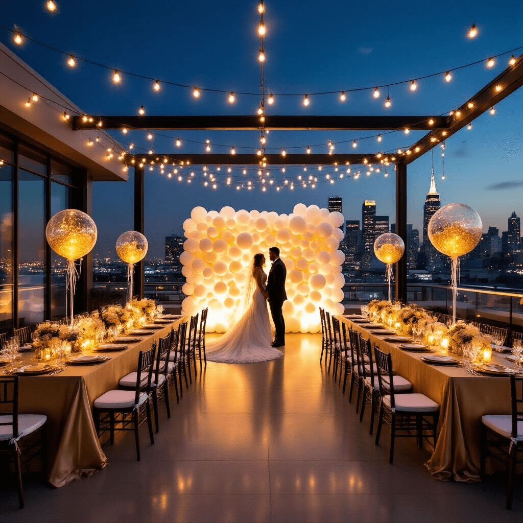 A modern rooftop wedding reception at night, featuring a stunning balloon wall backdrop, elegant tables with gold and ivory runners, and twinkling city skyline lights, all beautifully illuminated by string lights and professional lighting.