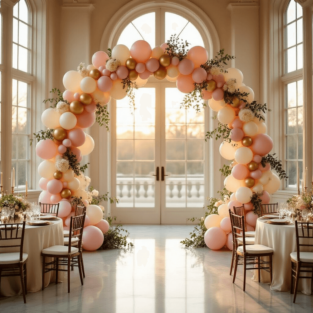 A wide-angle shot of an elegant indoor ballroom at golden hour, featuring a 9-foot organic balloon arch in dusty pink, cream, and gold tones, adorned with eucalyptus garland and white florals. Soft light from tall windows illuminates silk ivory table linens, crystal glassware, and gold-rimmed charger plates, while pillar candles add warmth. The marble floor reflects the ethereal ambiance, and sheer champagne drapery frames the scene with discreet command hooks supporting the arch above guests in formal attire.