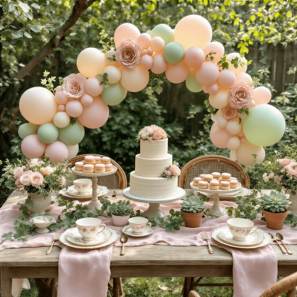 A whimsical garden baby shower setup featuring a rustic wooden farm table adorned with a pastel balloon garland, delicate bone china teacups, potted succulents, vintage brass cake stands with desserts, and a tiered cake, all illuminated by soft morning light.