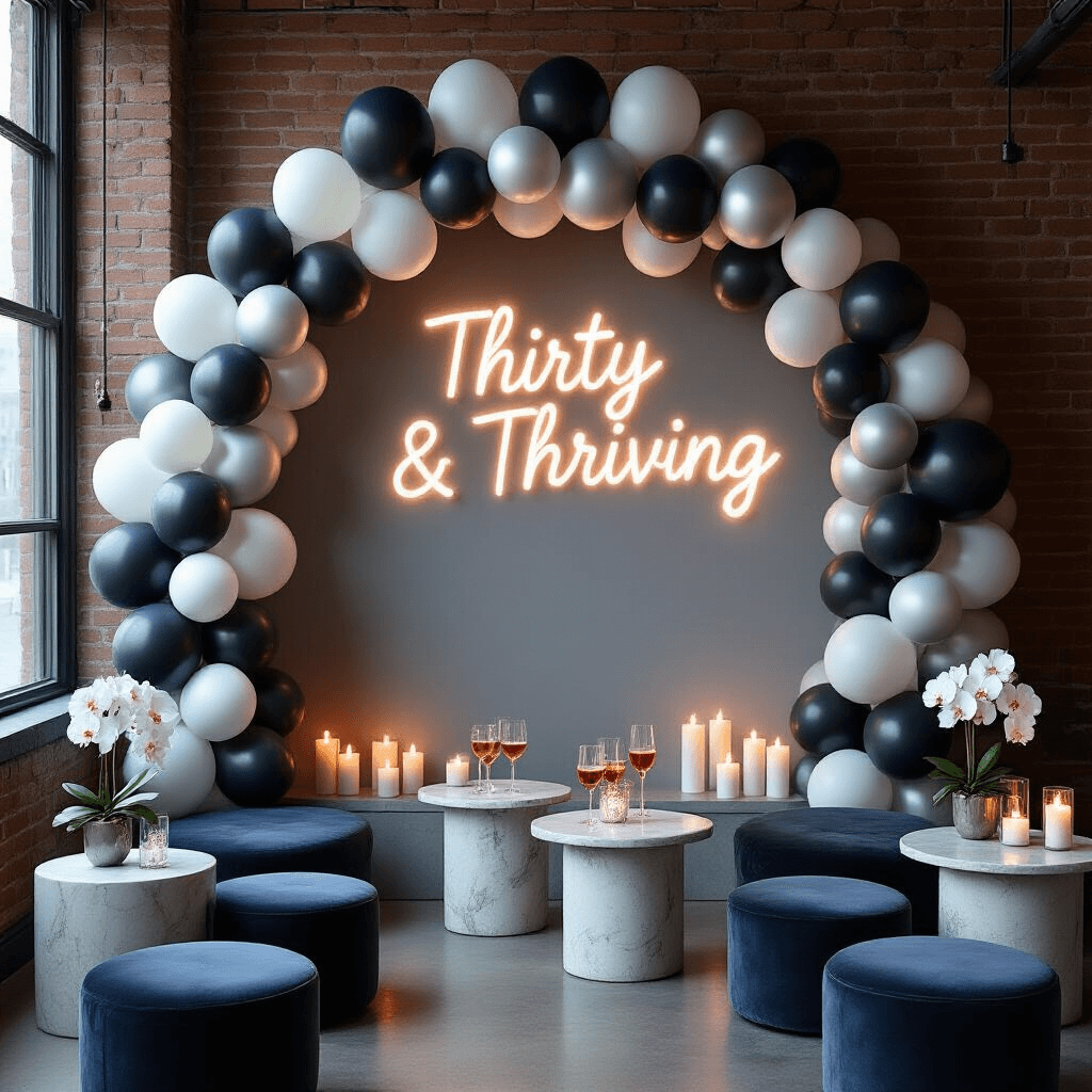 A sophisticated adult birthday celebration in a modern apartment, featuring a charcoal and silver balloon arch against exposed brick walls, a neon sign reading 'Thirty & Thriving', low marble tables with velvet cushions, artisanal cocktails, minimalist orchid centerpieces, and pillar candles casting shadows in a dimly lit urban loft.