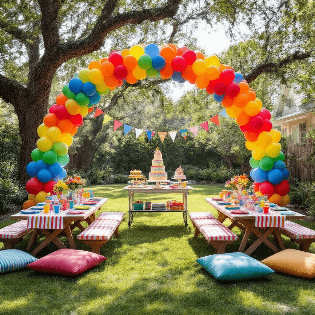 A vibrant children's birthday party in a stylish backyard featuring a rainbow balloon arch, colorful picnic tables with melamine plates, a dessert cart with a sprinkles-covered cake, oversized floor cushions, fluttering pinwheels and bunting, and a bounce house, all under bright midday sun.