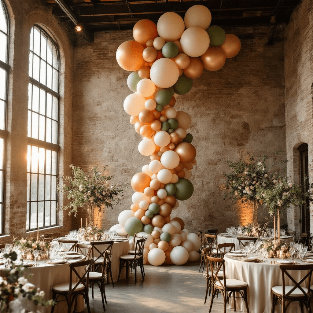 A stunning indoor wedding reception with an organic balloon installation in terracotta, sage green, and dusty rose colors spiraling up a stone wall, illuminated by golden hour sunlight streaming through tall windows. Round mahogany tables adorned with ivory linens, eucalyptus garlands, and cream pillar candles create an intimate atmosphere. Chrome rose gold accent balloons reflect the ambient light, while sage ceramic plates and terracotta vessels with single white orchids complete the elegant setting.