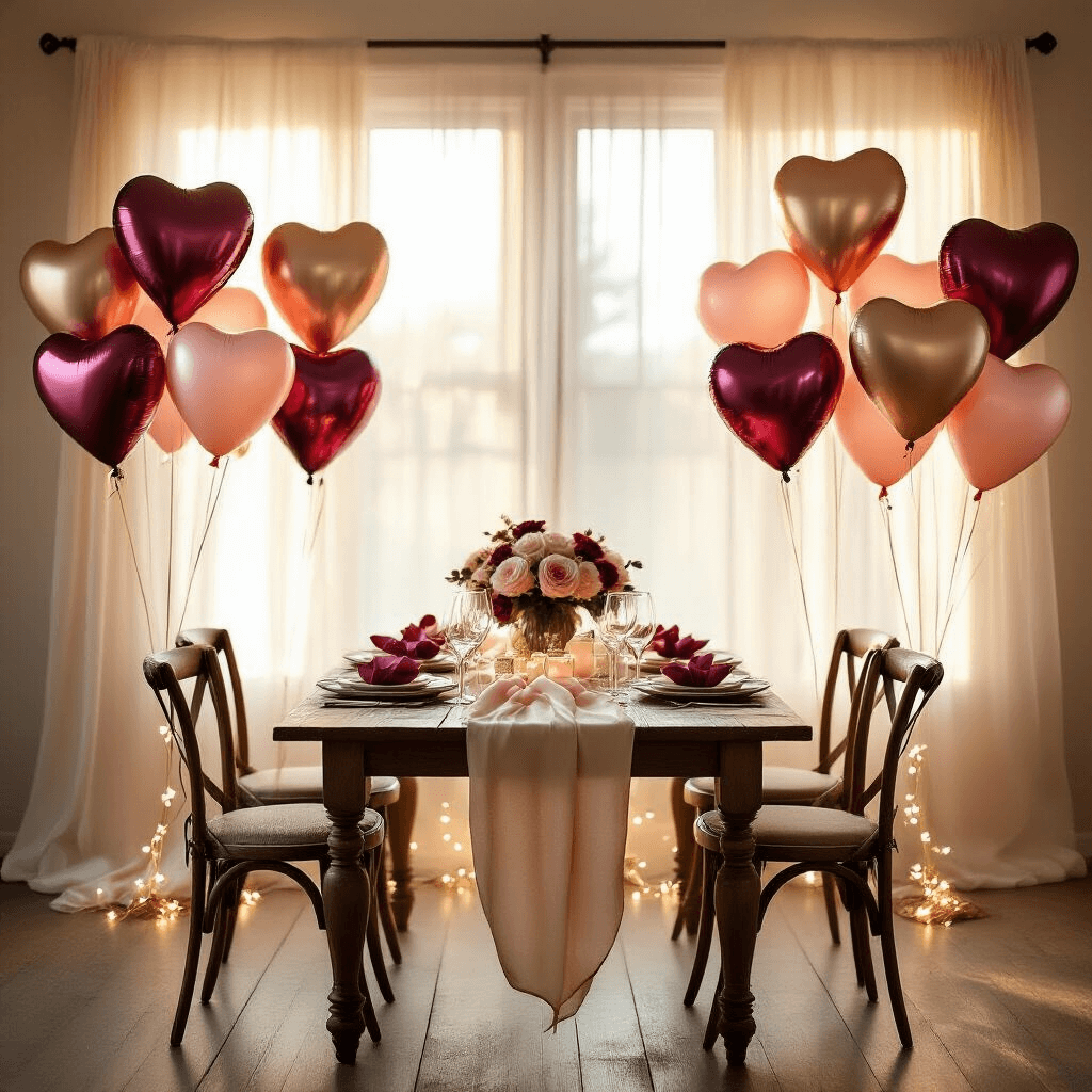 A photorealistic wide-angle shot of a romantic dining room adorned with heart-shaped balloon bouquets in rose gold, burgundy, and blush pink, illuminated by golden hour light, featuring a rustic wooden table with silk runners, fairy lights, and scattered rose petals on hardwood floor.