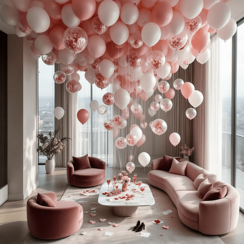 Cinematic overhead view of a modern apartment living room adorned with a lavish floor-to-ceiling balloon installation in blush pink, white, and clear confetti balloons. Soft morning light filters through large windows, illuminating a low marble coffee table set with champagne flutes and love letters, while plush velvet seating in deep rose is framed by cascading balloon clusters at varying heights.