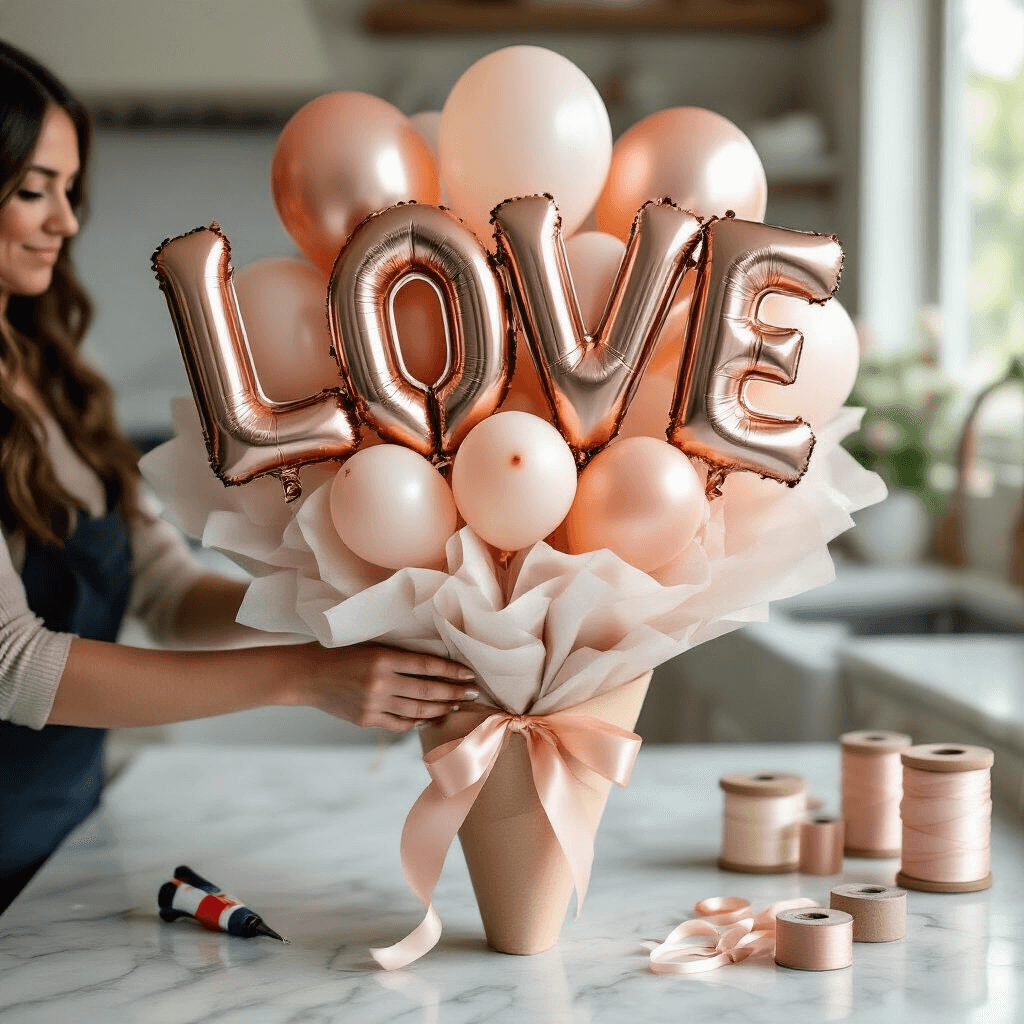 Close-up of hands arranging a DIY balloon bouquet on a marble countertop, featuring luxury tissue-wrapped poster board, foil 'LOVE' balloons in rose gold, and coordinating blush and cream latex balloons, with professional weights and satin ribbons enhancing the elegant display.
