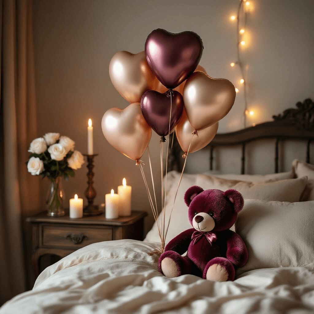 A cozy bedroom corner adorned with a sophisticated burgundy velvet teddy bear and heart-shaped balloons in rose gold and champagne tones, illuminated by warm candlelight on a vintage nightstand and complemented by fresh white roses and fairy lights along the headboard.