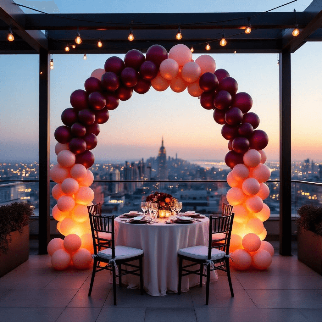 A stylish rooftop terrace at dusk featuring a dramatic ombre balloon arch in burgundy, rose gold, and champagne, framing an intimate dinner setup for two with fine china and crystal stemware, illuminated by golden hour lighting and string lights, overlooking colorful city lights.