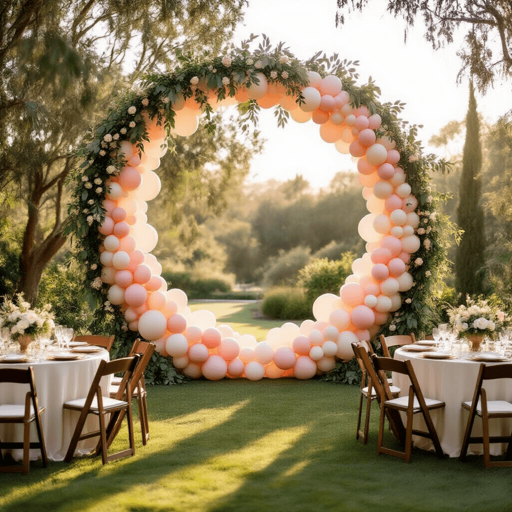 A wide-angle view of an elegant wedding ceremony setup featuring a 6-foot blush pink, cream, and sage green balloon backdrop behind a rustic wooden arch, surrounded by round tables with ivory silk linens, gold charger plates, and accented with white roses and greenery, during golden hour in a garden venue.
