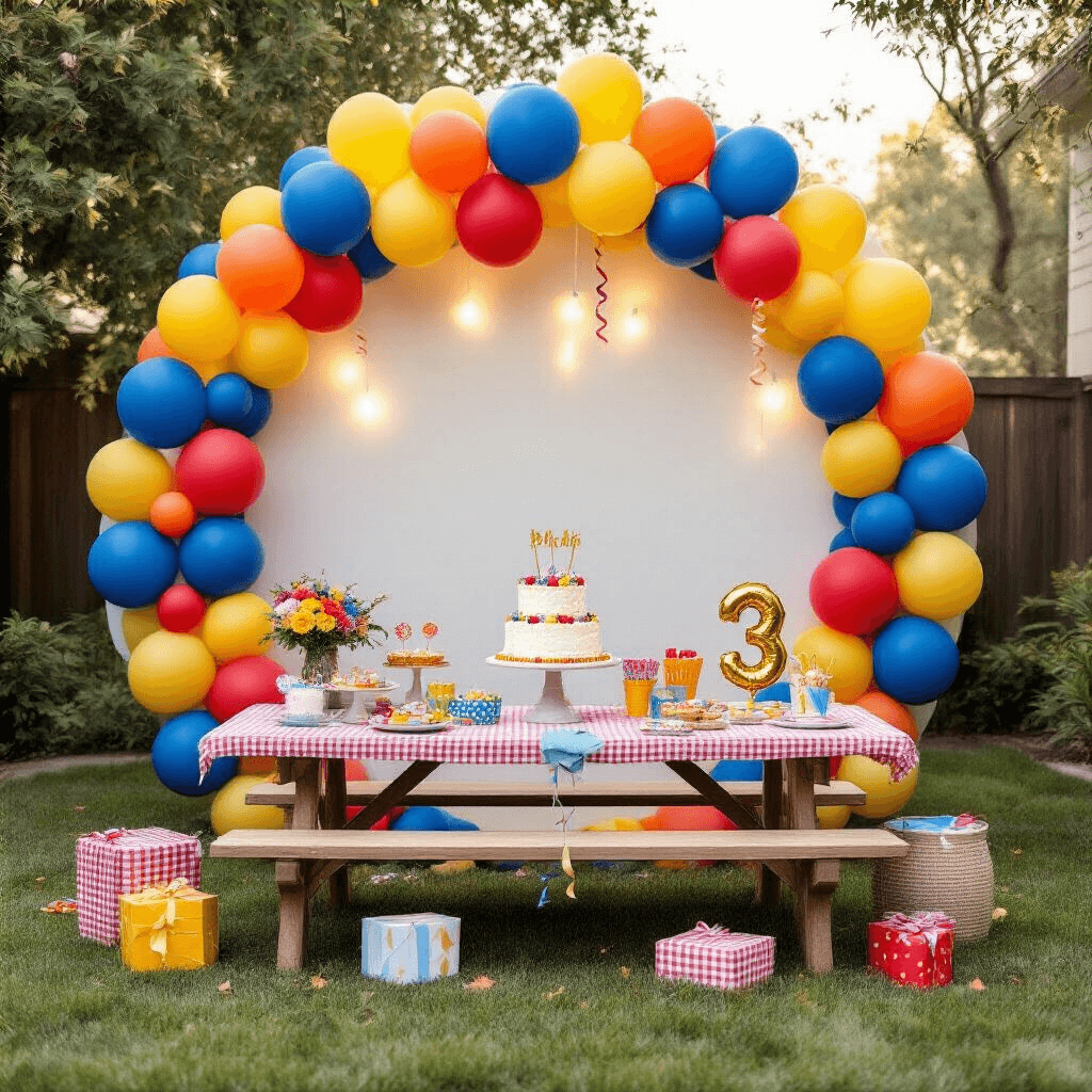 An overhead flat lay of a child's third birthday party in a stylish backyard, featuring a vibrant circular balloon backdrop in royal blue, sunshine yellow, and cherry red, a low picnic table with gingham linens, a tiered birthday cake, colorful party favors, gold number balloons, curling ribbons, small wrapped gifts, and rainbow streamers.
