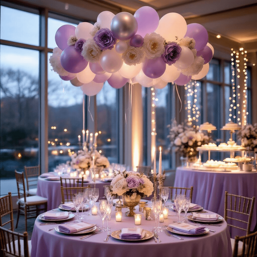 Cinematic detail shot of an upscale baby shower setup in an elegant indoor ballroom with floor-to-ceiling windows, featuring a circular balloon installation in lavender, pearl white, and silver, surrounded by delicately arranged faux peonies. Round tables with sheer lavender linens display crystal glassware and silver candelabras, with a dessert cart nearby showcasing petit fours and macarons, all illuminated by fairy lights for a magical, intimate ambiance.