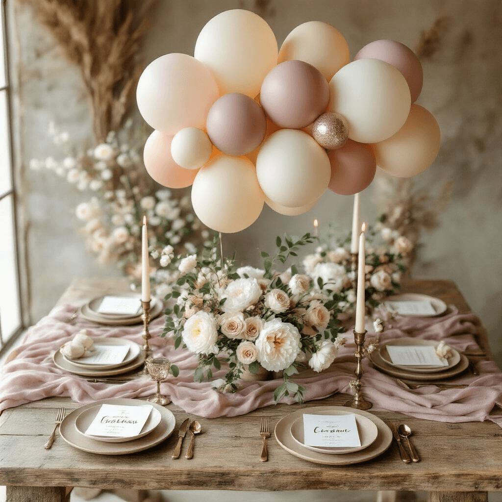 Overhead flat lay of an organic baby shower tablescape featuring a rustic wood table, sculptural balloon cloud in mauve, taupe, and cream, hand-thrown ceramic plates on dusty rose linen runners, vintage brass candlesticks with ivory candles, clusters of white peonies and olive branches, personalized printed balloons, and sage green ribbon tied around kraft paper party favors with botanical wax seals.
