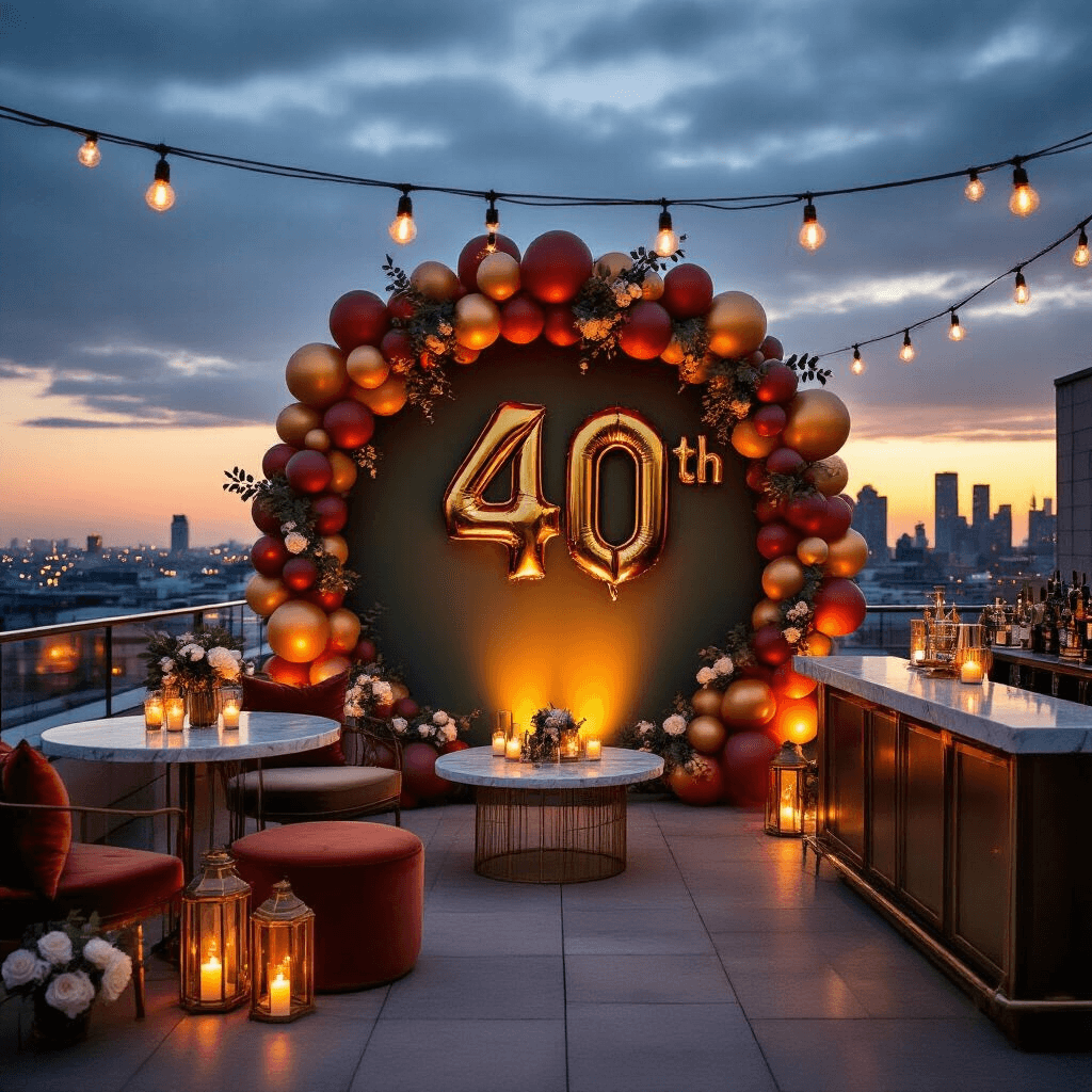 A moody rooftop terrace setup for a 40th birthday celebration at twilight, featuring a circular balloon backdrop in terracotta, sage, and gold, adorned with eucalyptus and white roses. Marble cocktail tables with velvet seating are illuminated by industrial string lights, while a stylish bar with brass fixtures stands in one corner, and warm candlelight from hurricane lanterns casts an intimate glow against the city skyline.
