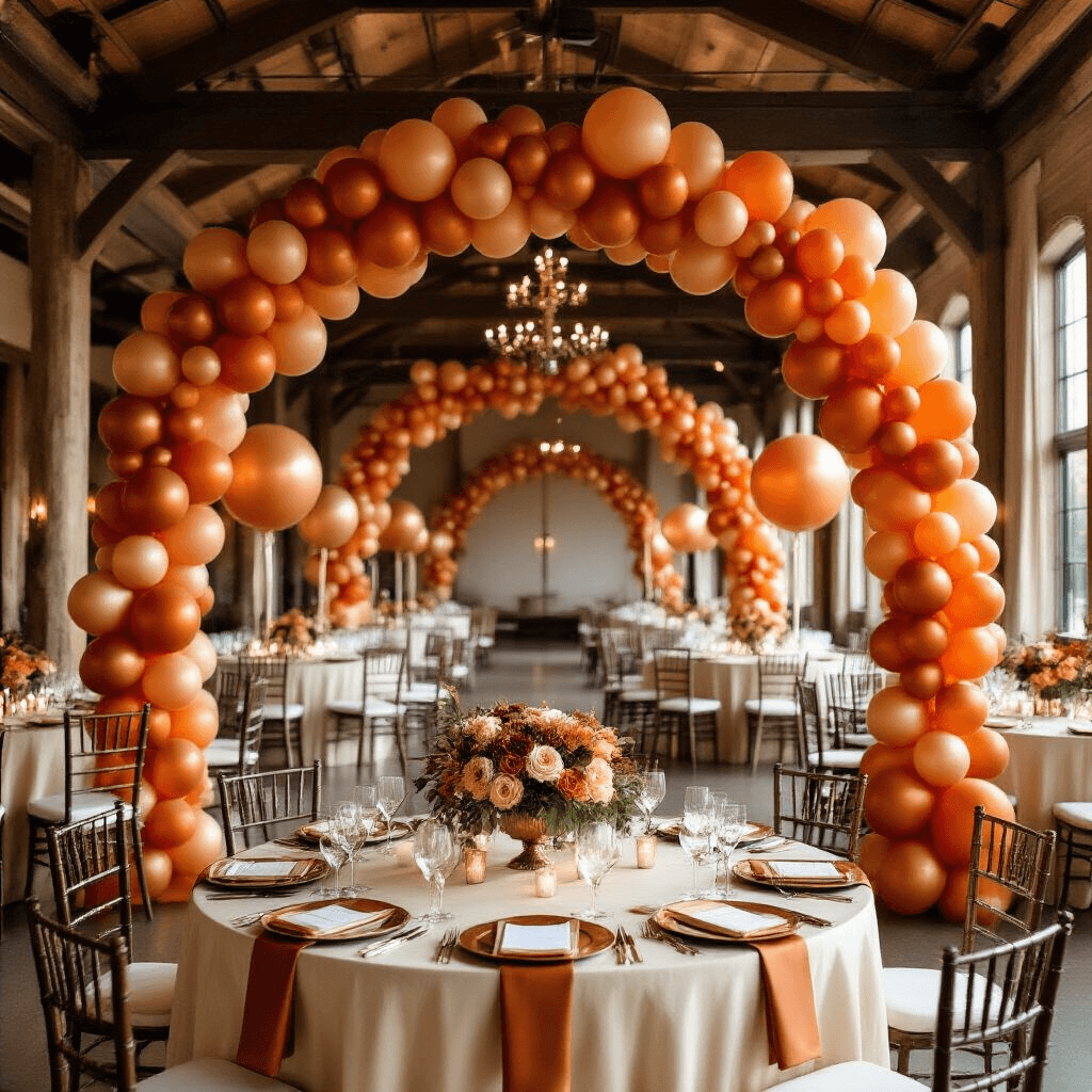 A stunning autumn wedding reception in an elegant indoor ballroom, featuring silk cream linens, rust orange balloon garlands, tall glass vases with balloon and floral centerpieces, and warm ambient candlelight, all captured during golden hour.