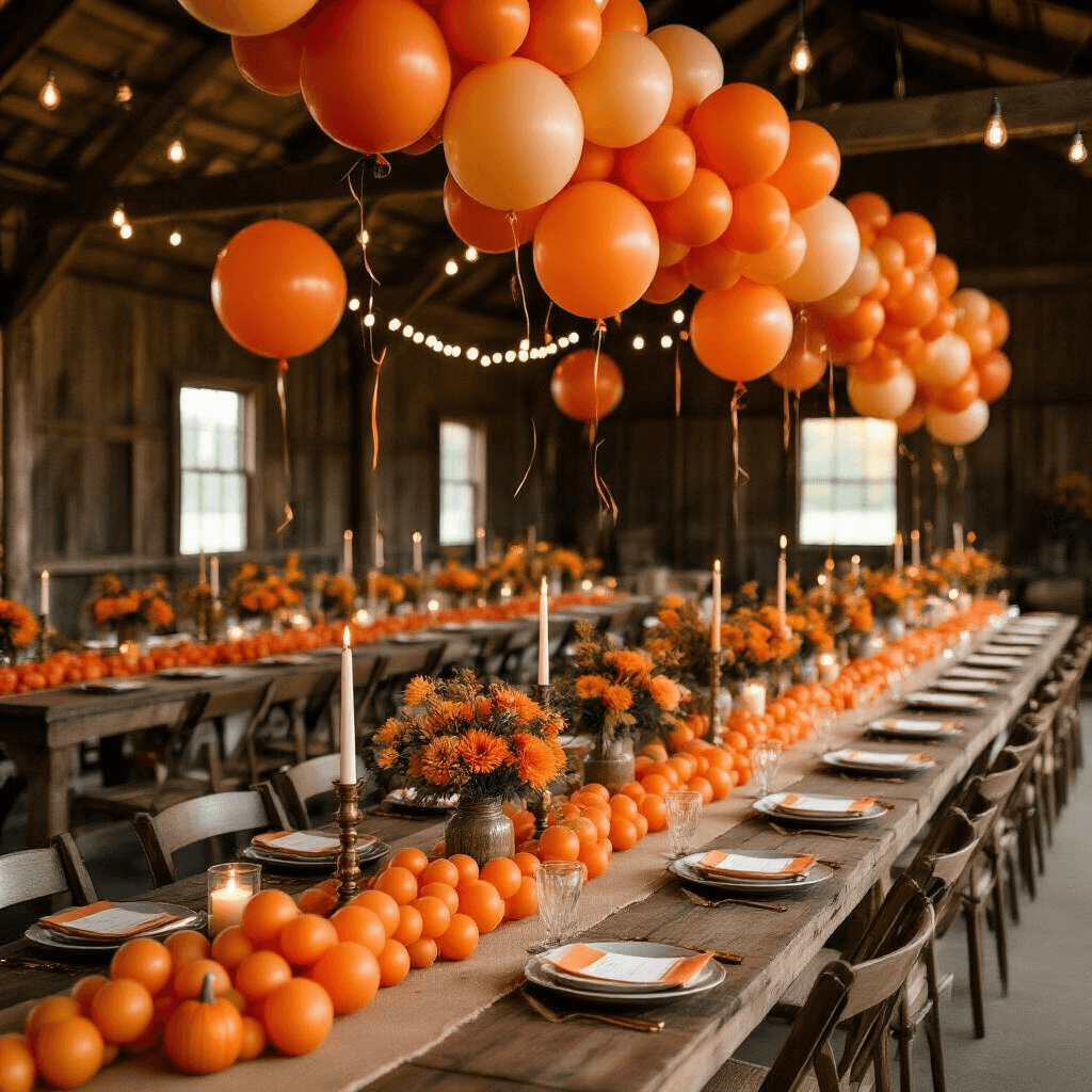Sophisticated fall harvest celebration in a rustic barn, featuring long farm tables adorned with flowing orange balloon garlands, burlap table runners, mason jar centerpieces, ambient string lights, and pillar candles, all set against a warm candlelit backdrop with vintage brass candlesticks and fall foliage accents.