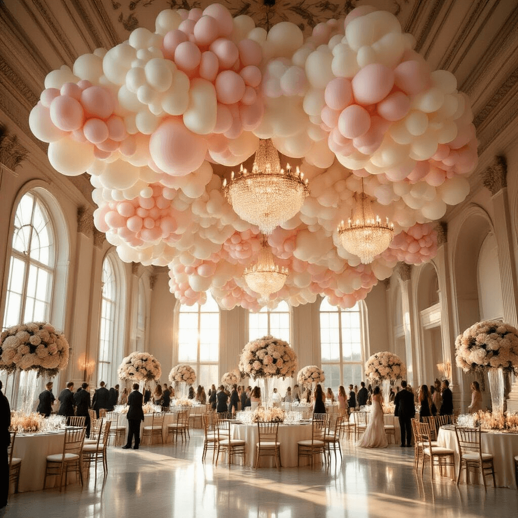 Elegant indoor ballroom during golden hour, featuring oversized balloon clouds in blush pink, cream, and pearl white hanging from crystal chandeliers, with round tables dressed in silk ivory linens and towering white rose and eucalyptus centerpieces, as guests in formal attire mingle beneath the floating installation and natural sunlight streams through tall arched windows.