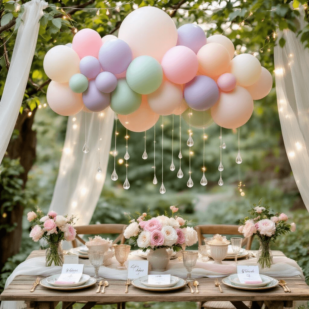 Overhead view of a whimsical garden baby shower setup featuring a balloon cloud installation in pastel colors above a rustic wooden picnic table, adorned with vintage plates, gold-rimmed glassware, fresh peonies, and a tiered naked cake, all under a canopy of sheer fabric and fairy lights.
