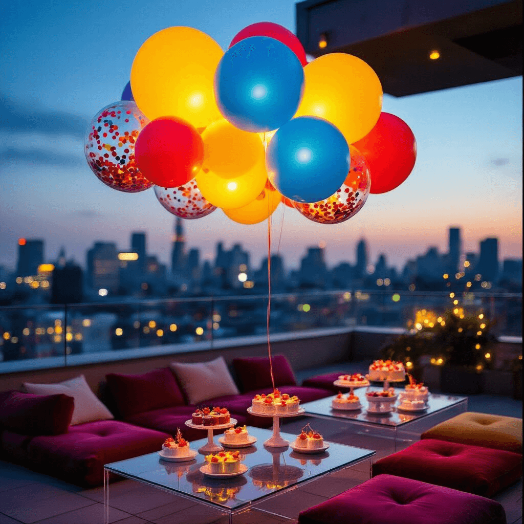 Close-up of a modern rooftop terrace birthday celebration at twilight, featuring a vibrant balloon cloud installation in electric blue, sunshine yellow, and cherry red, illuminated by LED lights. Below, low acrylic tables with velvet cushions display individual desserts on marble stands, while neon signage and string lights create a festive atmosphere. Confetti-filled clear balloons catch ambient light, adding depth and movement.