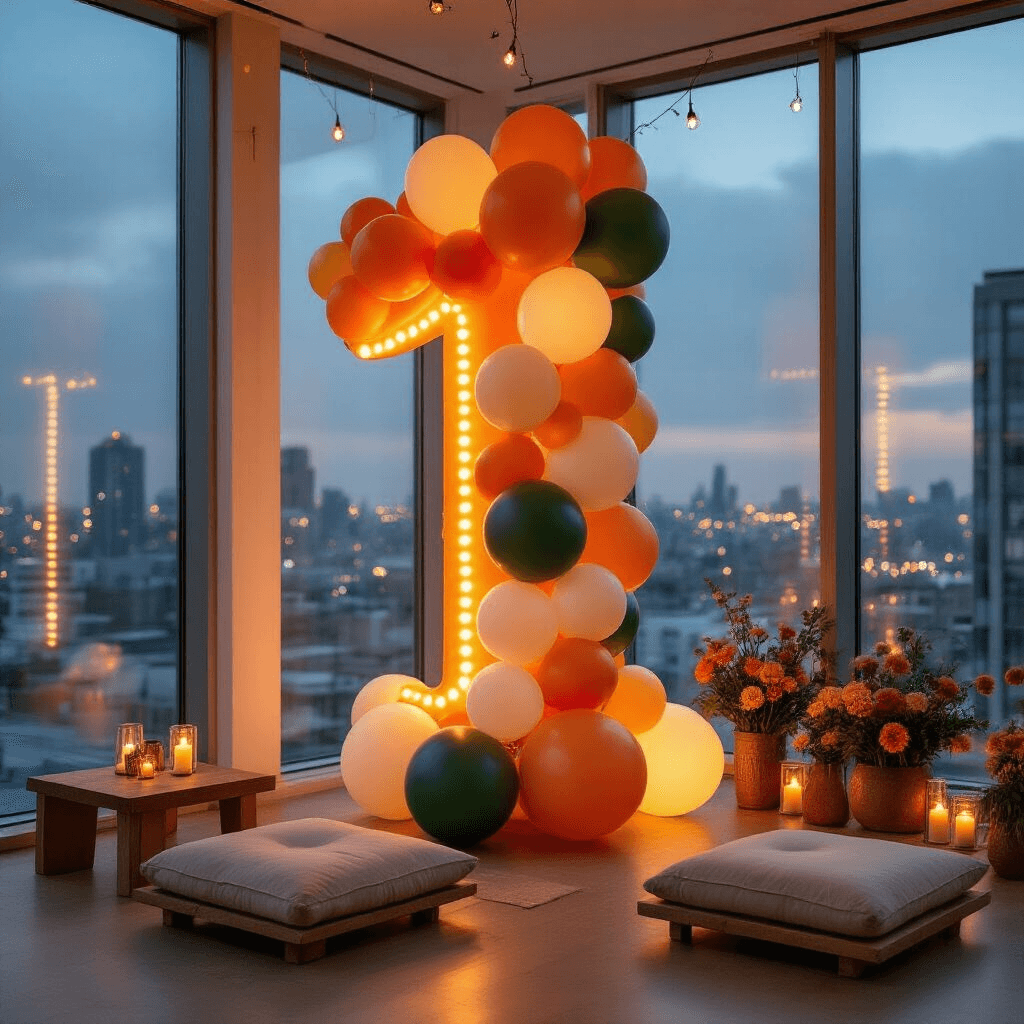 Moody evening view of a four-foot-tall sculptural balloon installation in the shape of a number one, set against floor-to-ceiling windows with city lights. The balloon structure features burnt orange, ivory, and forest green balloons, accented with chrome copper, illuminated by warm LED lighting. Surrounded by low wooden tables and natural linen floor cushions, the scene is enhanced by overhead fairy lights and amber glass vessel candle arrangements, complemented by fresh florals in terracotta pots.