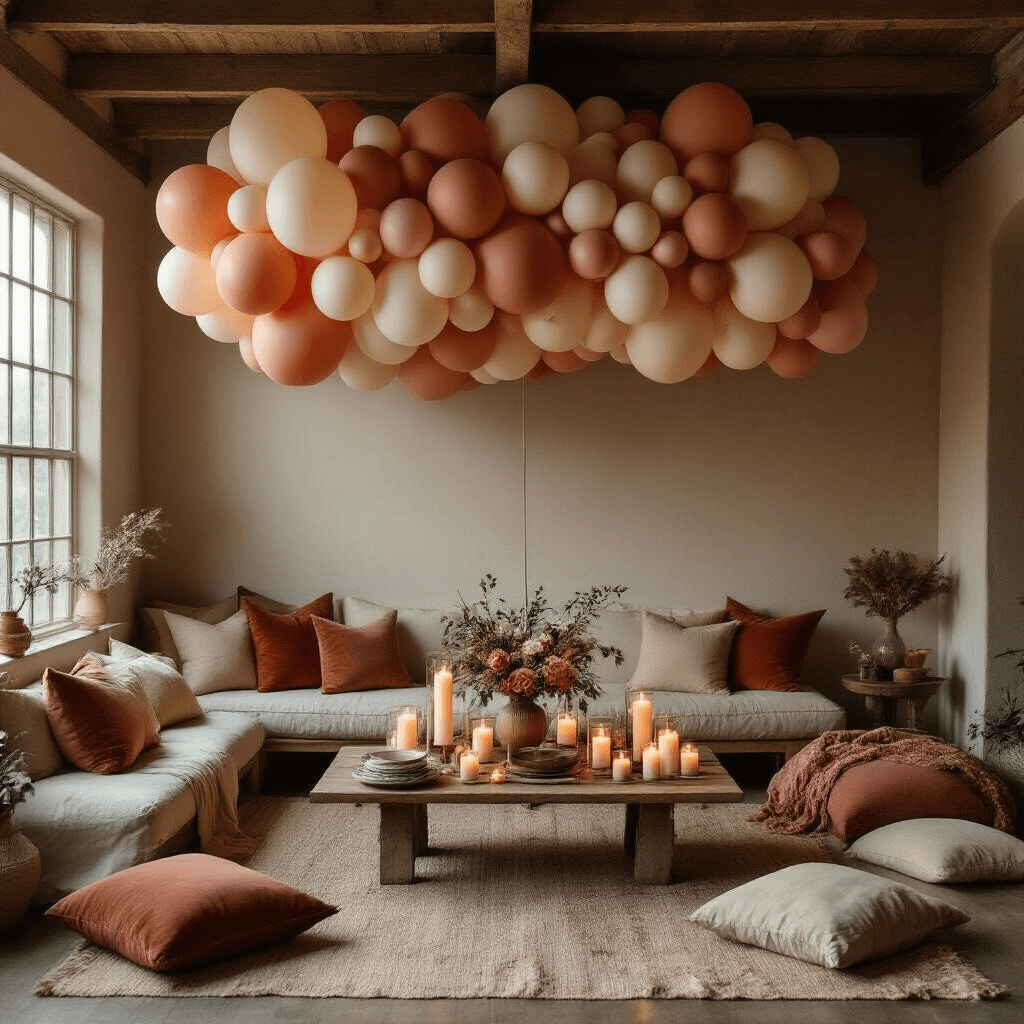 Cozy living room transformed for an intimate celebration, featuring a terracotta, cream, and dusty rose balloon cloud installation over wooden beams, with candlelit ambiance, layered textiles on a low coffee table, pillar candles in glass hurricanes, and floor seating with earth-toned throw pillows, casting dancing shadows on whitewashed walls.