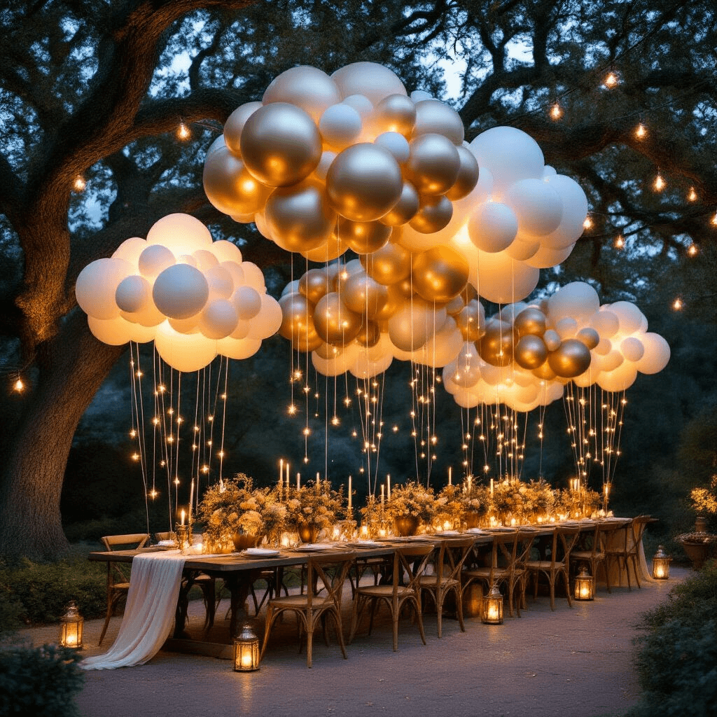A stylish backyard evening party with an enchanted balloon cloud forest installation under a fairy-lit night sky, featuring metallic gold, champagne, and ivory balloons hanging from oak trees, vintage farm tables adorned with brass candlesticks and floral arrangements, string bistro lights above, and illuminated pathways with ground-level lanterns.