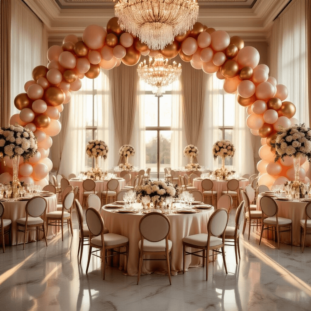 Elegant indoor ballroom birthday celebration during golden hour, featuring round tables with silk blush pink and cream linens, metallic gold and rose gold balloon arches, crystal chandeliers, and ornate centerpieces of white roses and eucalyptus, surrounded by cream velvet chairs and fine china.