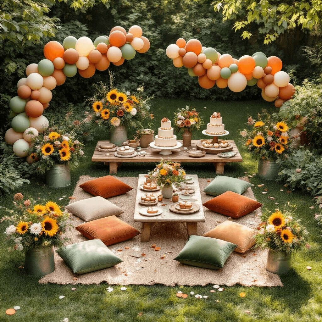 Overhead flat lay of a whimsical garden birthday party with picnic tables, terracotta and sage green cushions, earthy balloon borders, tiered cakes on wooden boards, fresh florals in galvanized containers, and dappled sunlight filtering through trees.