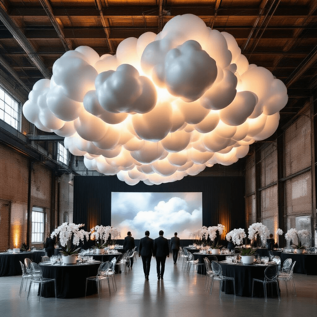 Wide cinematic view of a corporate event entrance featuring a dramatic thundercloud balloon installation in gray and white, illuminated by shifting LED lighting. Guests mingle beneath the sculptural display in a converted warehouse, with sleek black mirrored tables reflecting the overhead design and chrome silver balloons displaying projected company logos. Modern ghost chairs and minimalist white orchids in geometric concrete planters add elegance to the scene.