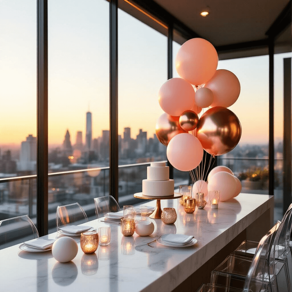 A close-up detail of a modern rooftop terrace birthday celebration featuring ombré orbz balloons in blush pink to deep rose gold, sleek marble countertops, minimalist white serving pieces, geometric glass vases, and a tiered naked cake on a brass stand, with city skyline views at golden hour.
