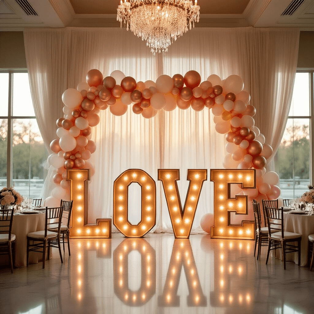 Wide-angle shot of an elegant ballroom at golden hour, featuring illuminated 'LOVE' marquee letters wrapped in blush pink, cream, and rose gold balloon garlands, polished marble floors, silk ivory draping, crystal chandeliers, and round tables with silk linens and floral centerpieces.